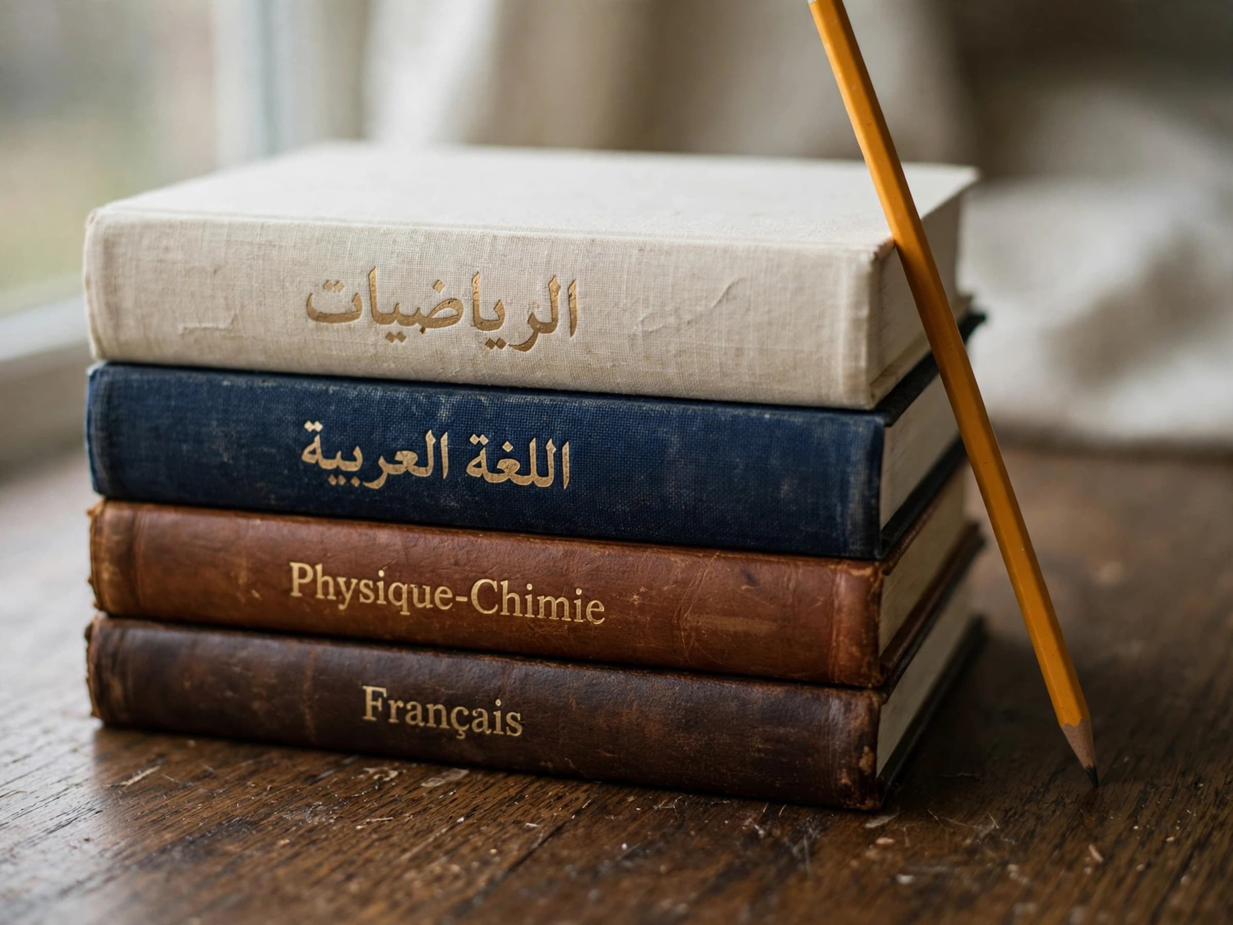 كومة من الكتب المدرسية — رياضيات ولغة عربية، فيزياء وكيمياء وفرنسية — وقلم رصاص مستند إليها