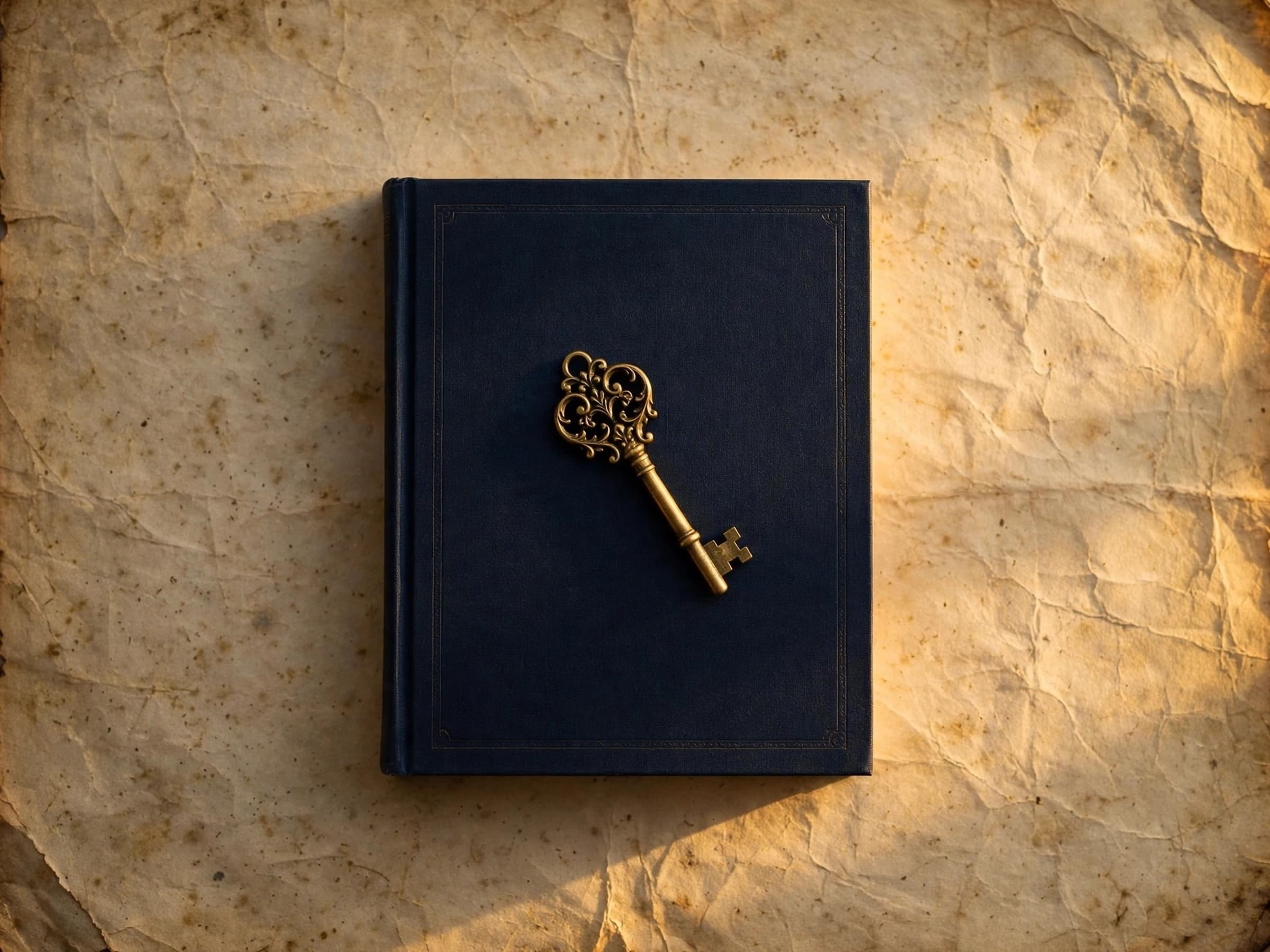 كتاب مجلد بلون أزرق داكن موضوع على رقّ قديم، وفوق غلافه مفتاح ذهبي مزخرف